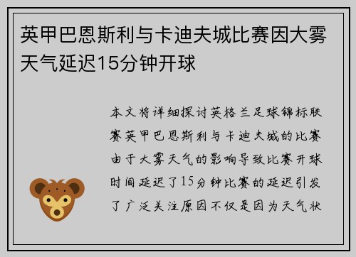 英甲巴恩斯利与卡迪夫城比赛因大雾天气延迟15分钟开球